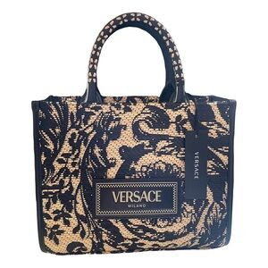 NWT VERSACE Barocco Athena Raffia Small Tote Bag Black and Print w/ Dust Bag